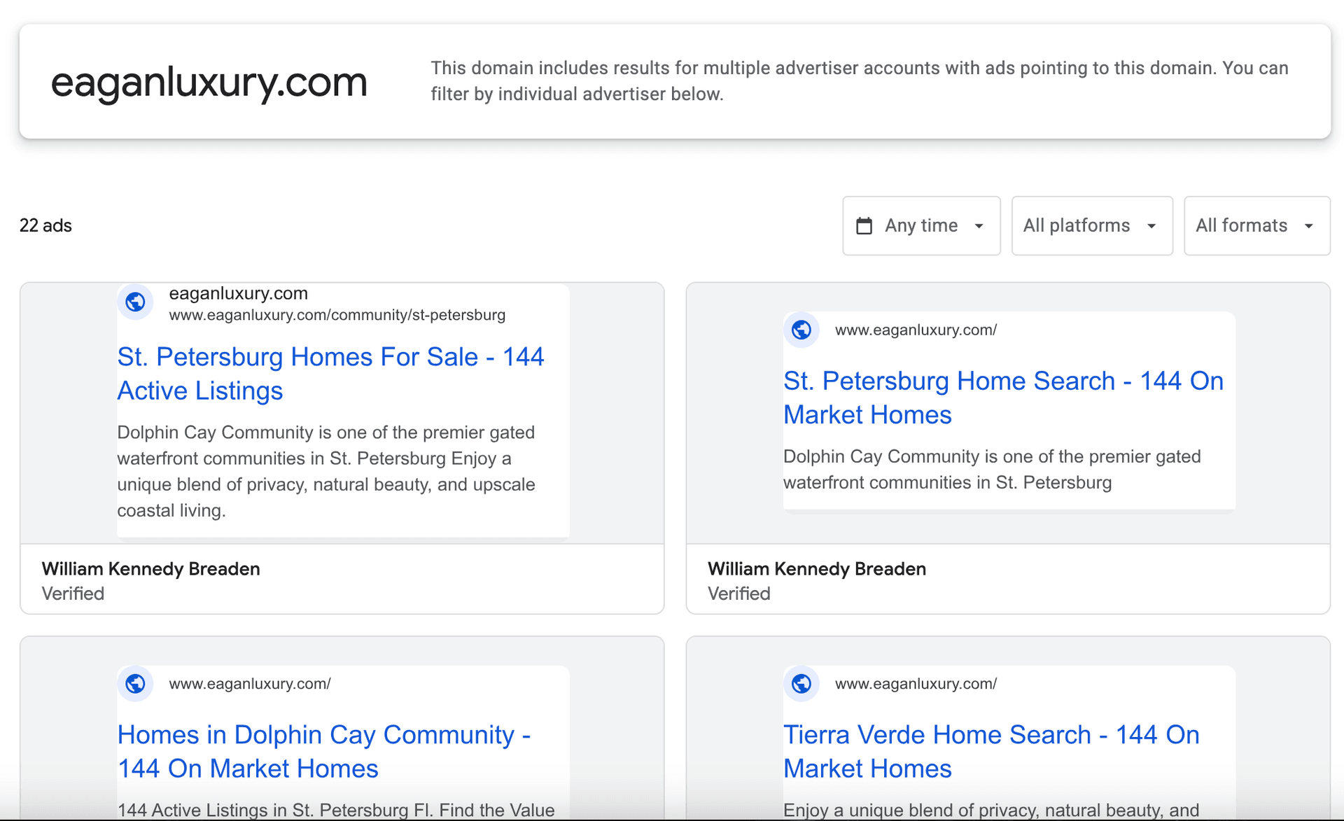 Google Ads transparency showing Eagan Luxury Real Estate active campaigns — DMR Media St. Petersburg