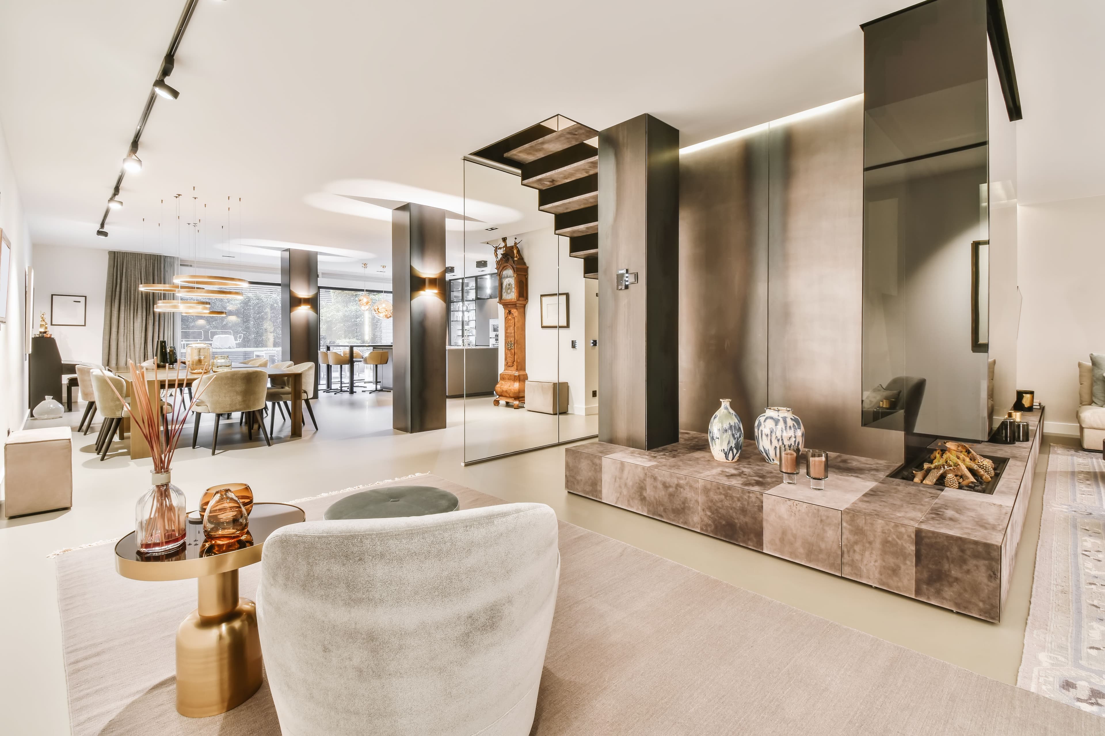 Modern Living Room with Fireplace and Beige Tones