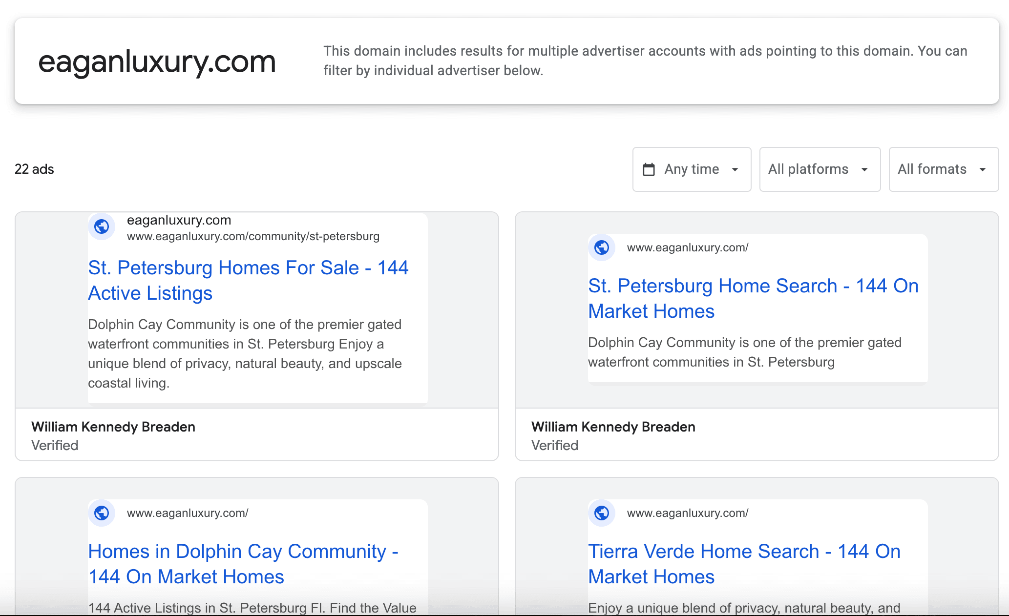 Example Google Ads performance for a luxury property listing campaign