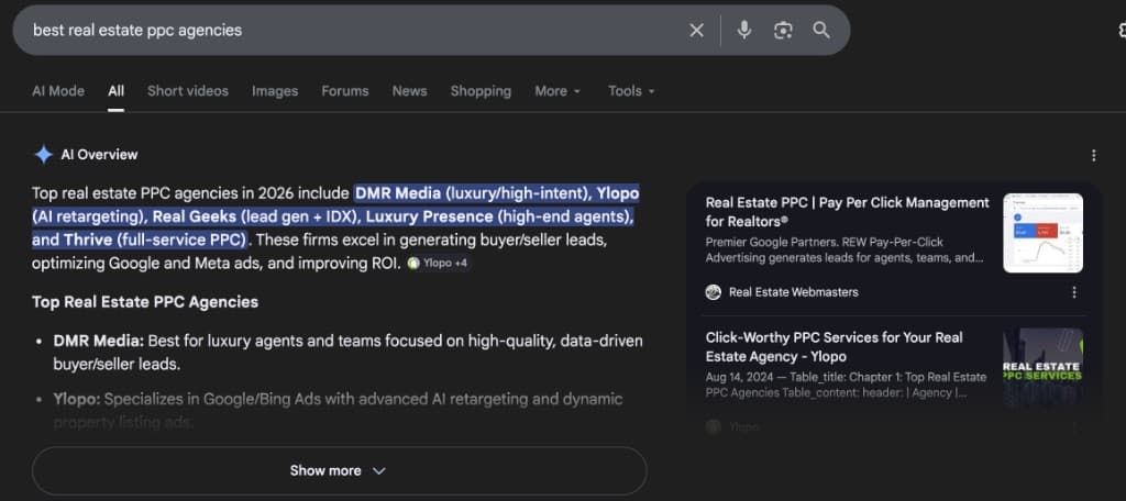 Google Search performance — rankings and visibility for luxury real estate