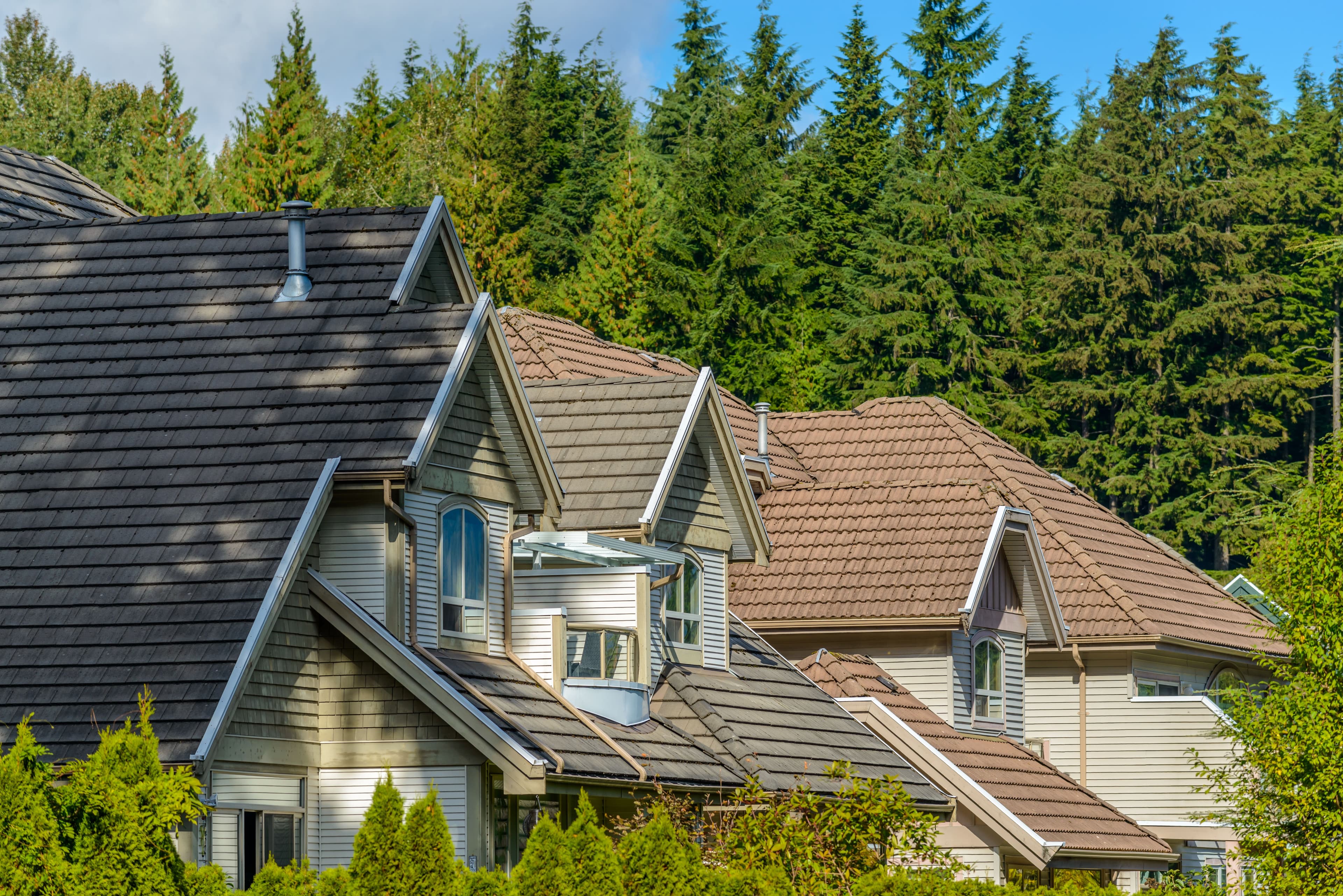 A Perfect Neighborhood. Houses In Suburb At Summer In The North America. Fragment Of A Luxury House