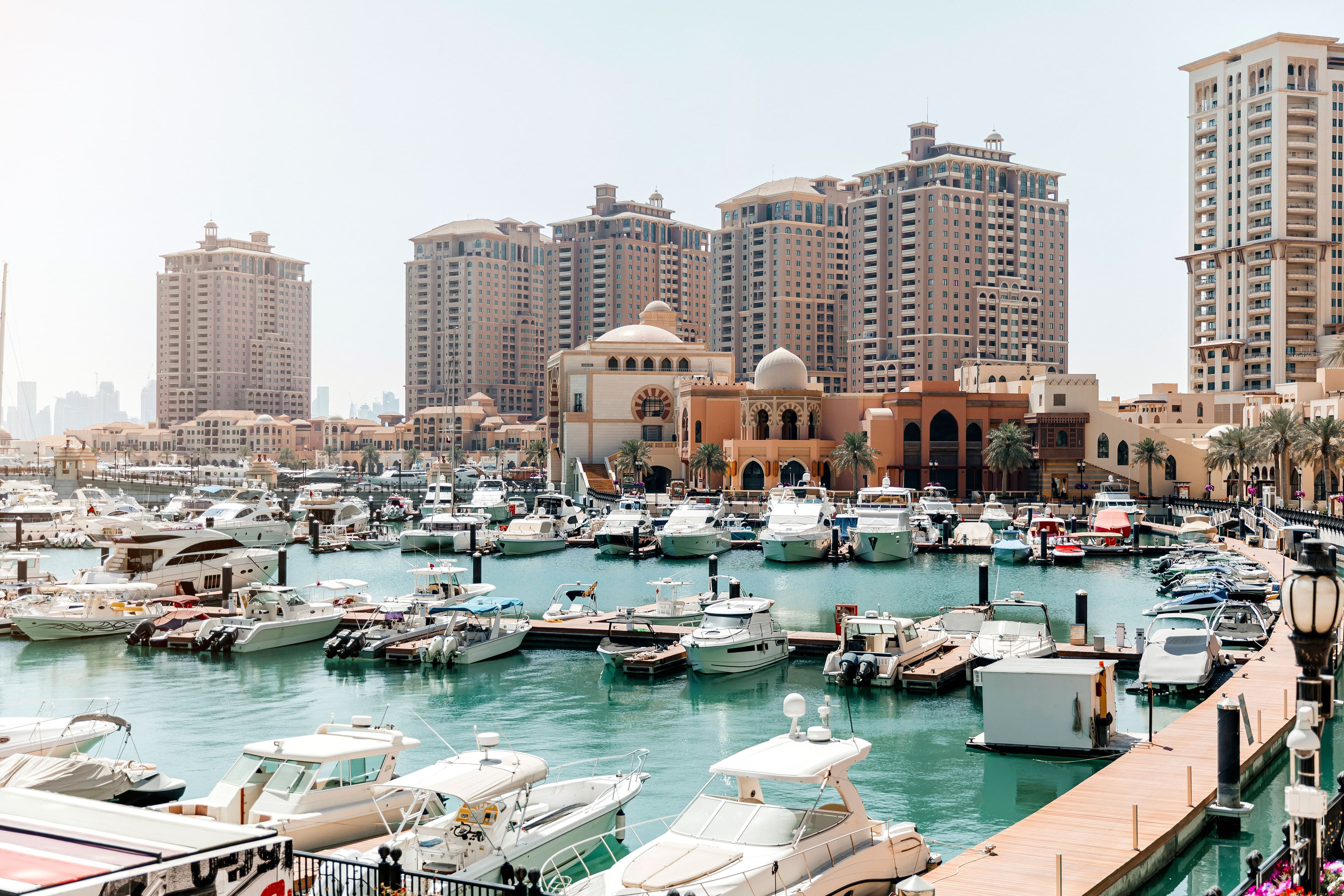 The waterfront walkway at the Pearl in Qatar, posh area of Doha