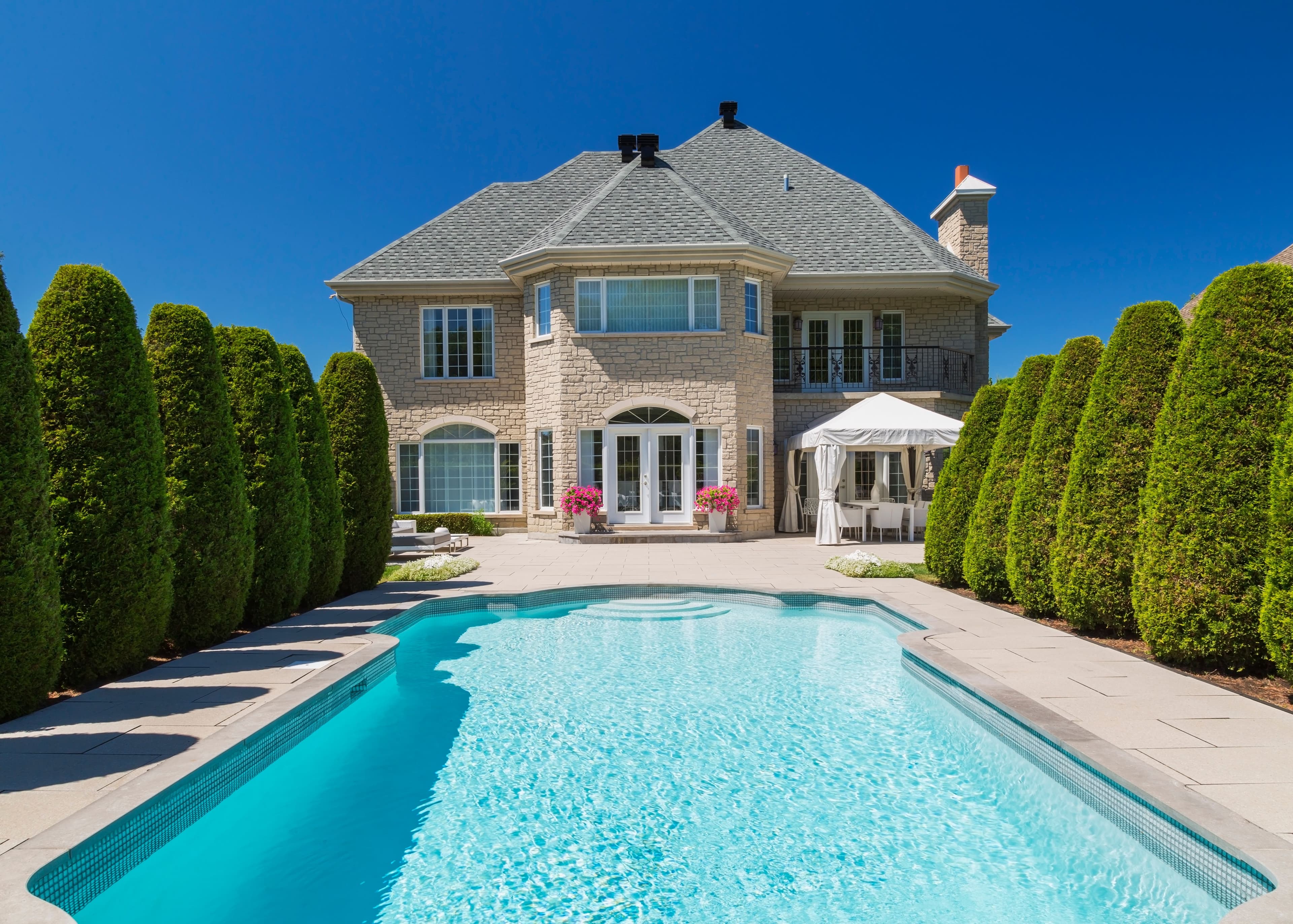 Outdoor swimming pool bordered by rows of cedar trees (Thuja occidentallis) at rear of luxurious