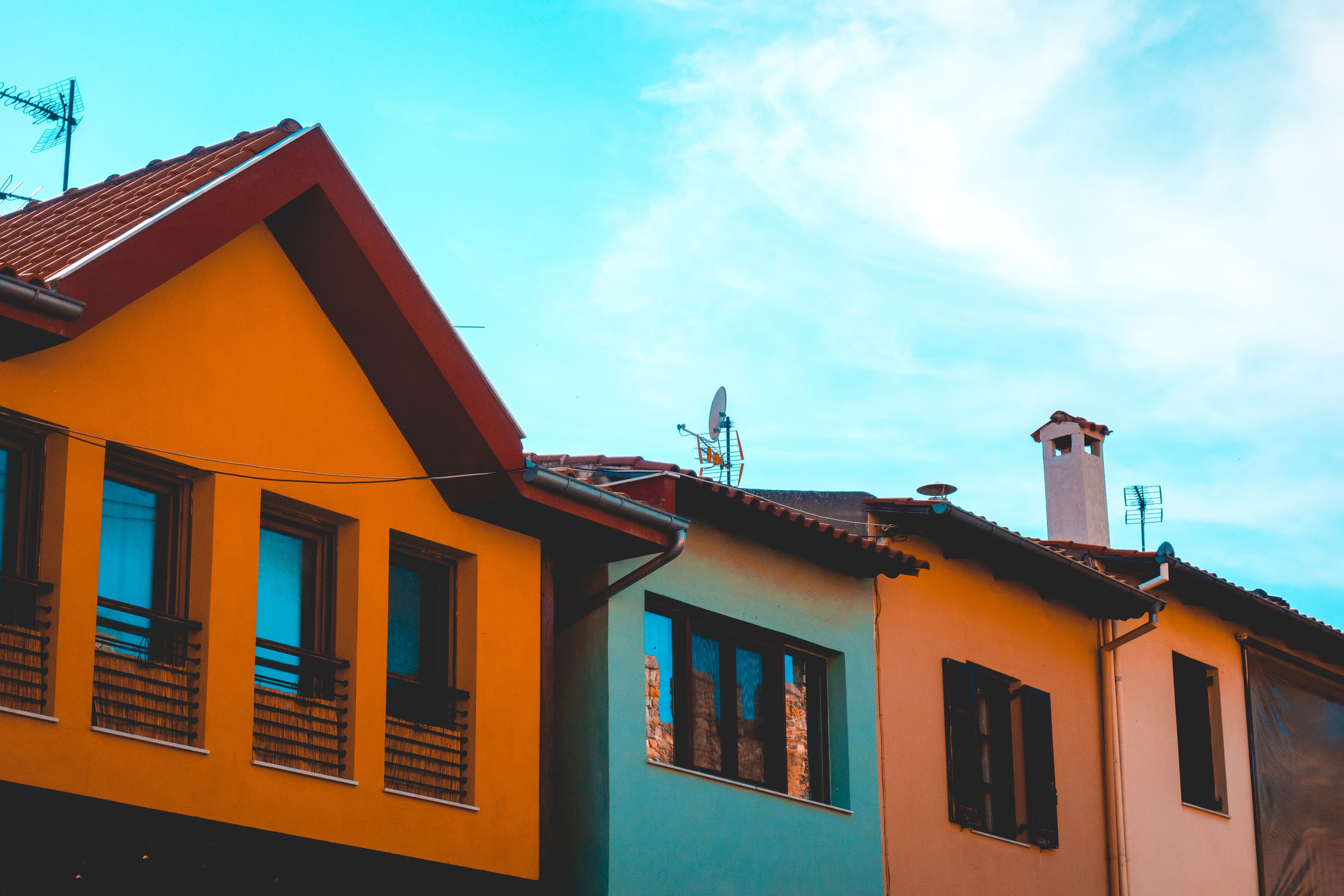 Colorful Houses In A Row - Townhouses - With Copy Space In The Sky