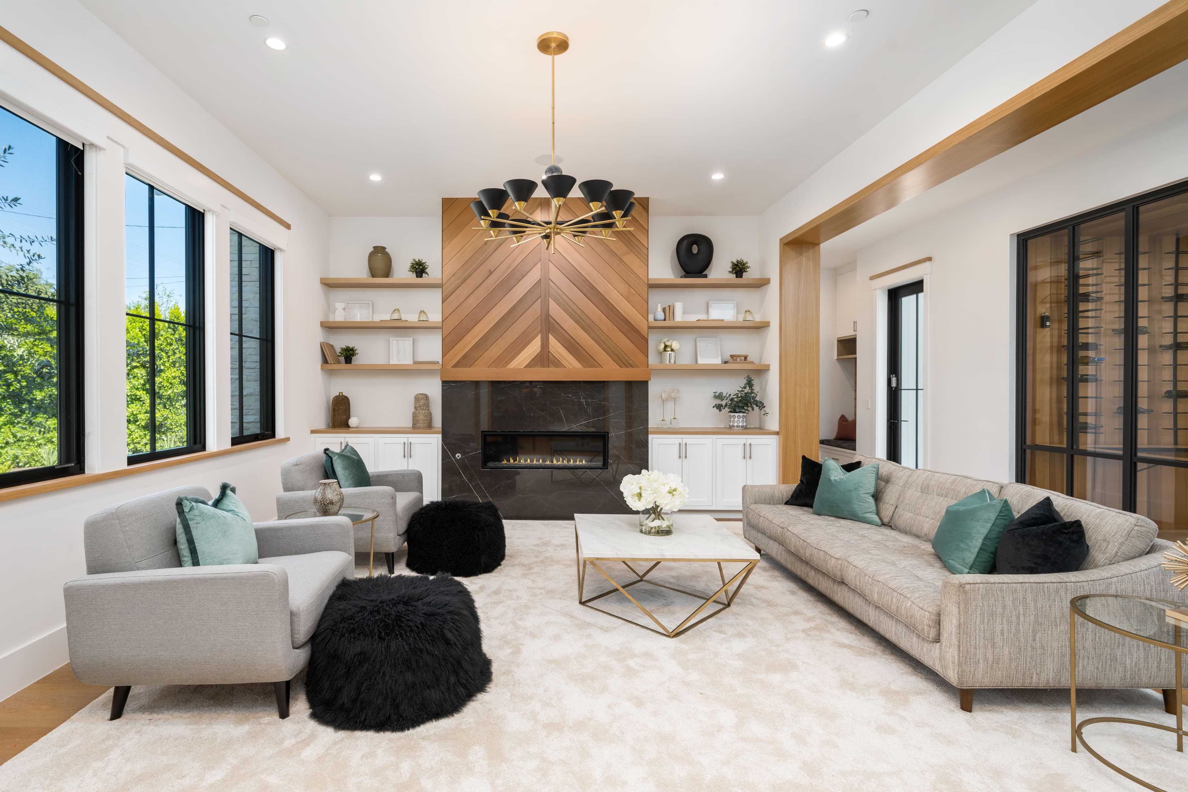 Well-Lit Living Room with Modern Fireplace